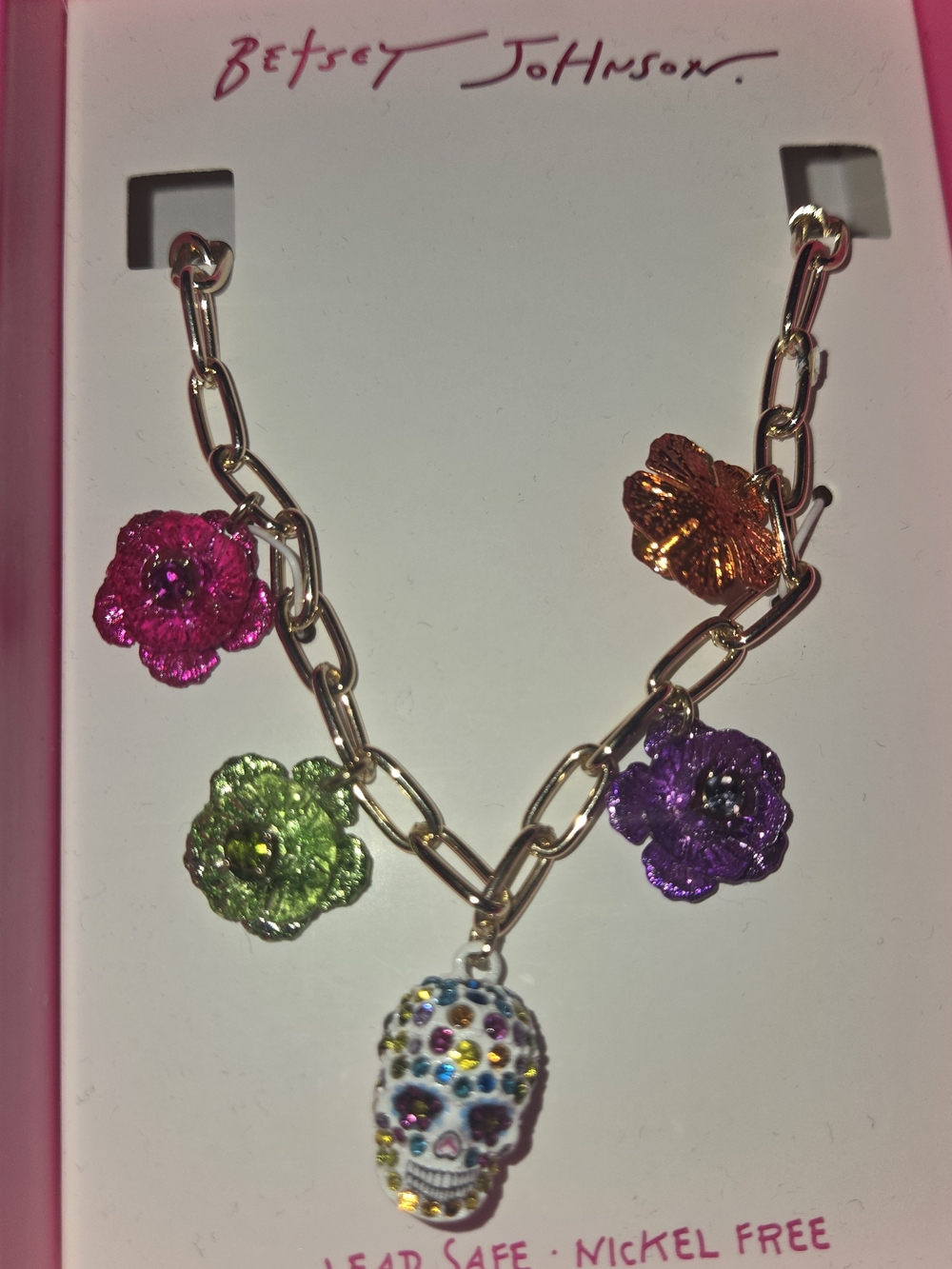 Betsey Johnson Multicolor Floral & Skull Charm Necklace - Gold Chain - Picture 3 of 3
